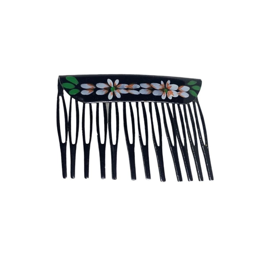 Vintage Black Metal Hair Comb Toleware Style 3.25"l x 1.5"h Painted Floral